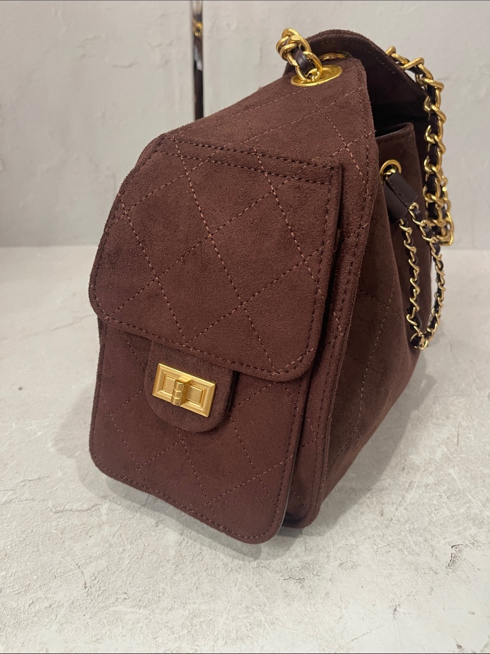 Quilted Drawstring Suede Shoulder Bag - Brown - Picture 2 of 7